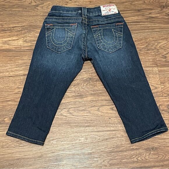 True Religion Low Rise Capri Blue Denim Jeans with Orange Stitching Size 24 - Picture 9 of 11
